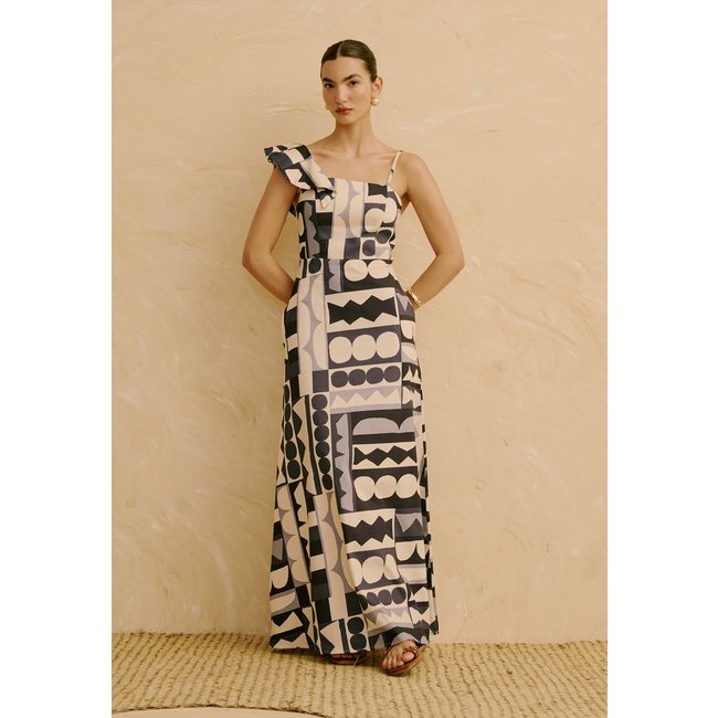 Vestido Longo Babado Manga Estampado Quilt