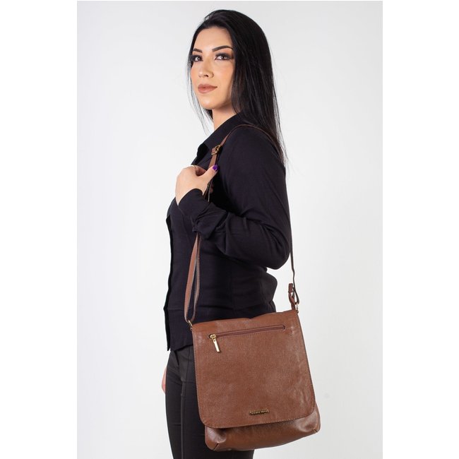 Bolsa transversal grande de couro liso Karina - Whisky