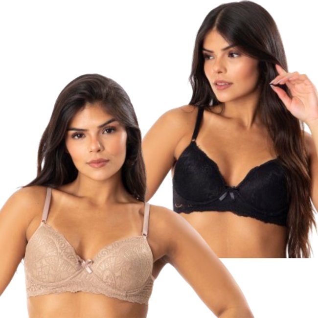 Kit 2 Sutiã Básico Com Bojo Rendado Reflexo íntimo Lingerie Com Aro Alça Ajustável Bege e Preto