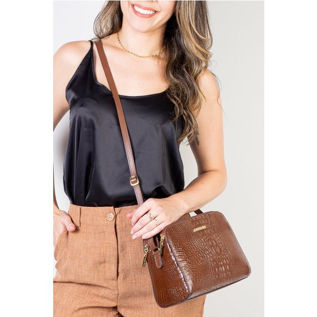 Bolsa transversal feminina de couro croco Paola - Whisky