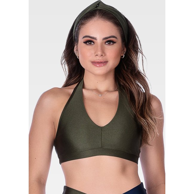 Top Fitness Frente Única com Decote Estiloso e Bojo RemovÍvel Summer Soul Verde Militar