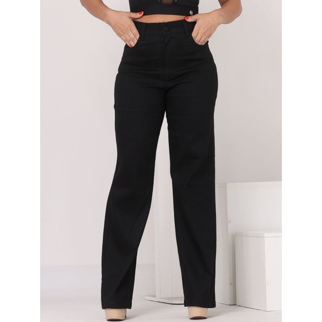 Calça Donna De Paula Wide Leg Preta Com Elastano Cintura Alta Pantalona Feminina