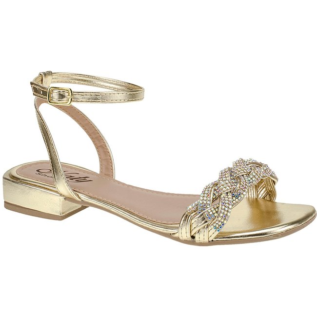 Sandália Saltinho 2,5 cm Naty Shoes Ouro Bloco Strass Rasteirinha Social