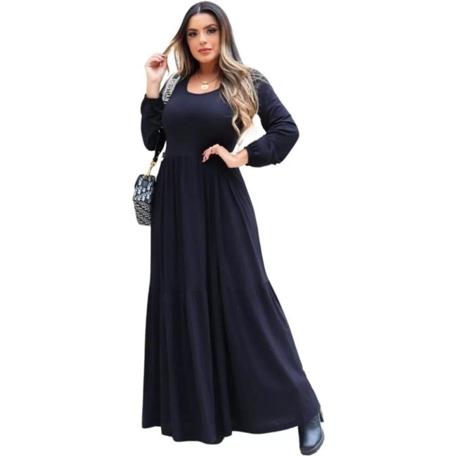 Vestido Longo Manga Longa Outono Inverno Viscolycra Preto