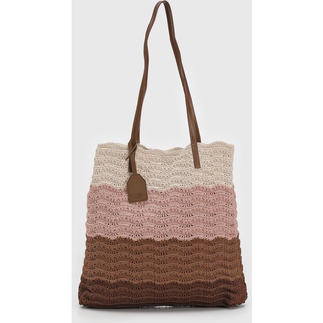 Bolsa Feminina Brizza Arezzo Textura Crochê Bege e Rosa Claro e Marrom
