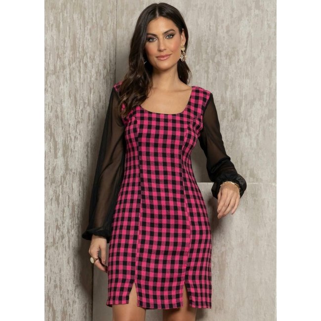 Vestido Mangas Longas Xadrez Pink Colorido Quintess