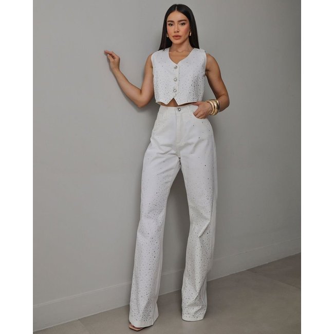 Calça Jeans Fem Wide Leg com Aplicação 25125 Off White Consciência