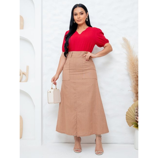 Saia Midi Social de Linho Básica Lisa com Bolso Fenda Elegante Soltinha Marrom