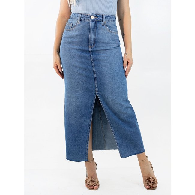 Saia Feminina Longa Jeans Cintura Alta Fenda Frontal Anticorpus