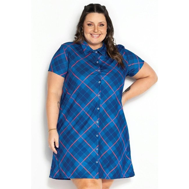 Vestido Chemise Plus Size Xadrez Azul Marguerite