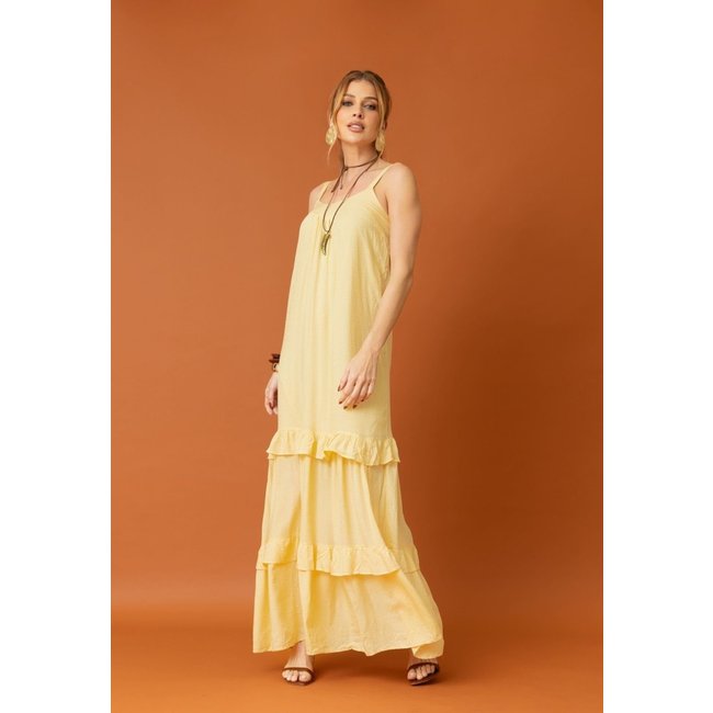 Vestido Longo Feminino com Babado Alça Fina Amarelo