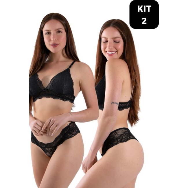 KIT 2 Conjunto Diluxo Dida Sem Bojo Renda Preto