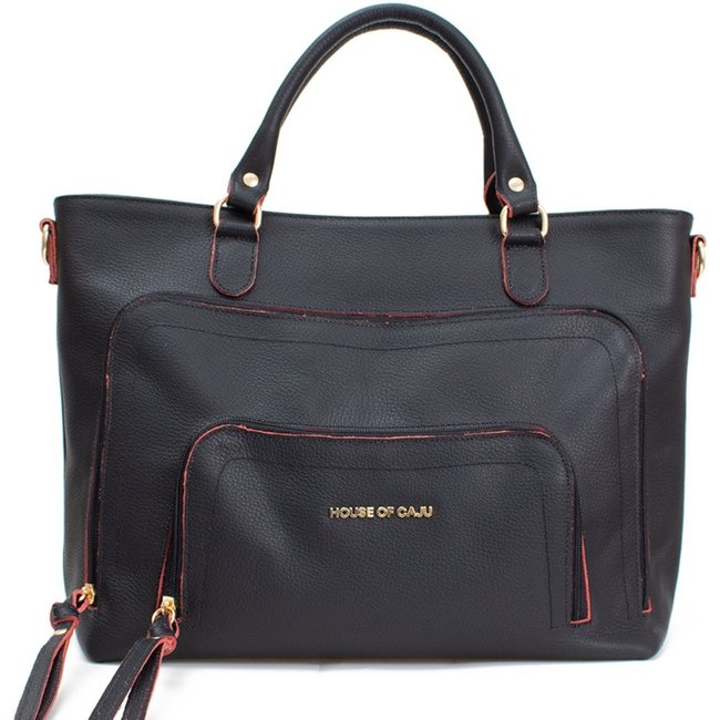 BOLSA FEMININA EM COURO ALÇA DE MÁO PRETA COM VERMELHO "ABIGAIL MUNIZ"""