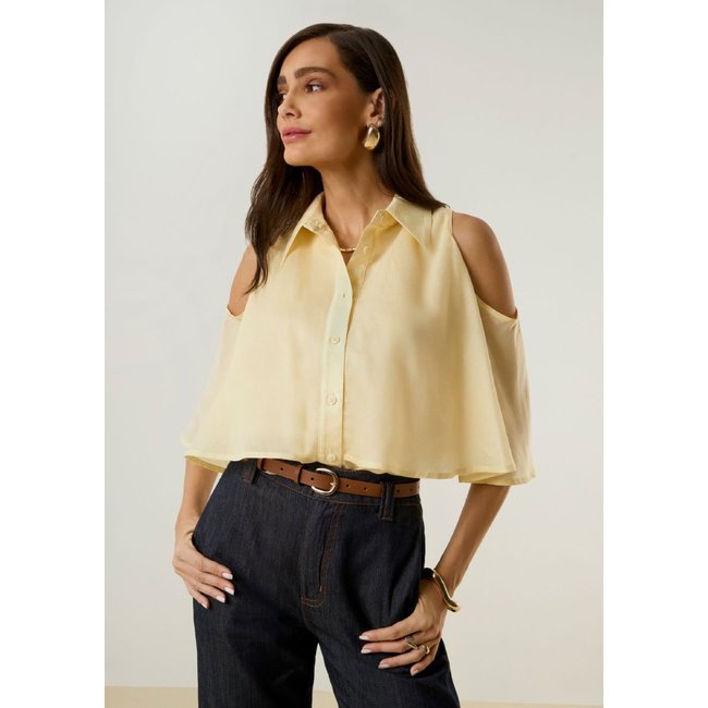 Camisa Maria Valentina Solta Gola Tradicional Manga Longa Padrão Amarelo