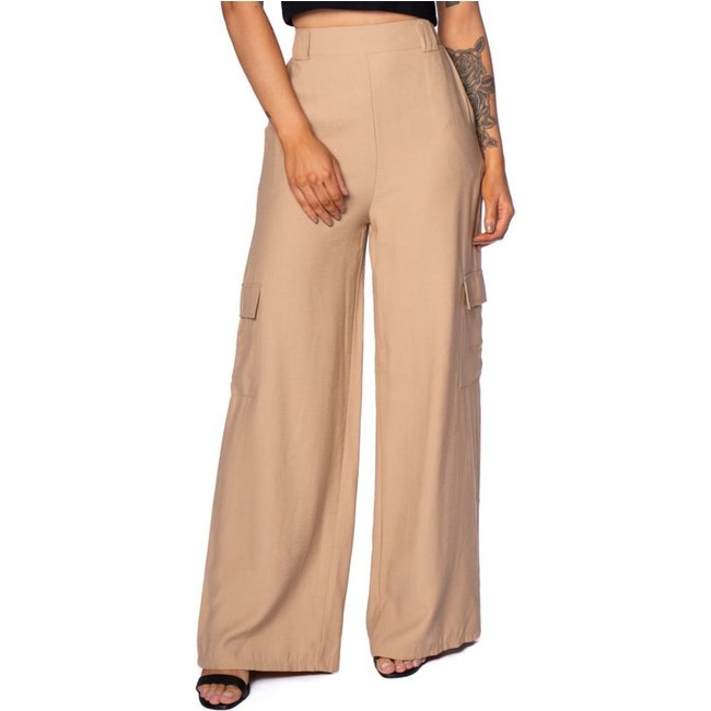 Calça Pantalona Feminina The Style Box com Bolso Cargo Bege
