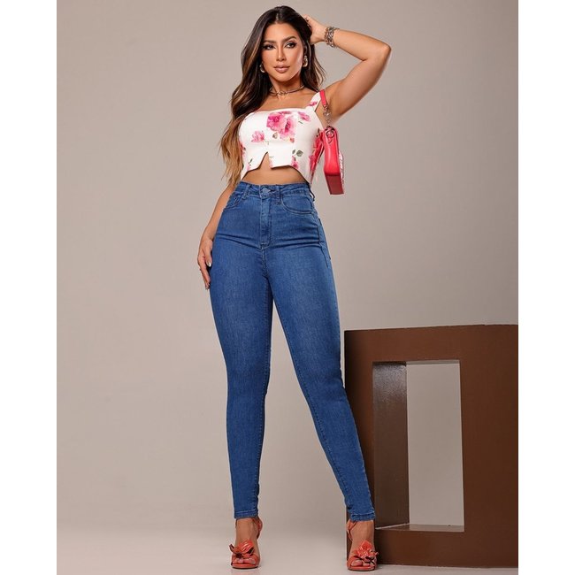 Calça Jeans Skinny Premium Feminina Cintura Alta Básica 00802 Médio/escuro Consciência