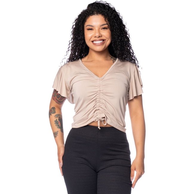 Blusa Feminina Babicat Manga Curta Franzida Bege