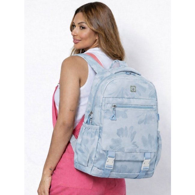 Mochila Feminina Minimalista Floral Azul Escolar Trabalho Faculdade - 50271