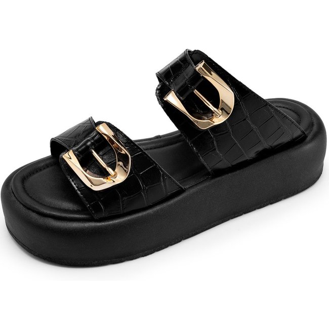 Sandália Flatform Feminina Lumiss Croco Fivelas Dourada Confortável Preto