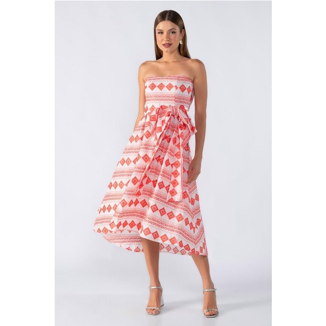 Vestido midi tomara que caia com laco Laranja