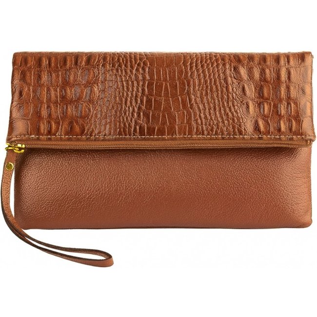 Clutch de couro croco Nikki - Caramelo