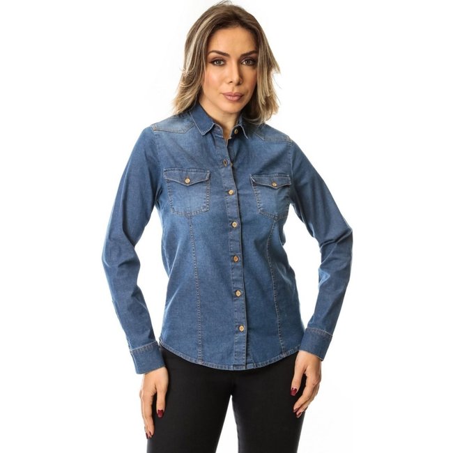 Camisa Jeans Manga Longa Com Bolsos Feminina Crocker