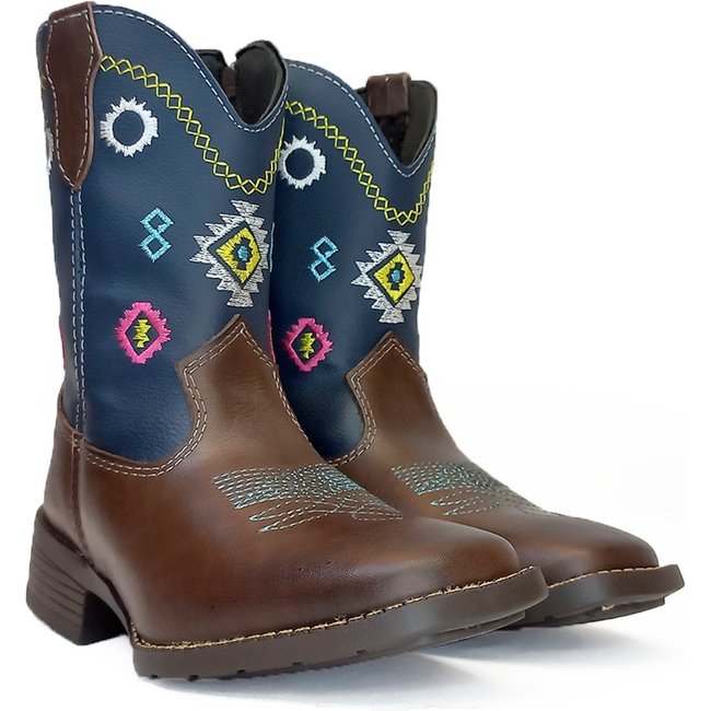 Bota Country Feminina em Couro Café Azul Bordado Tribal Kapell
