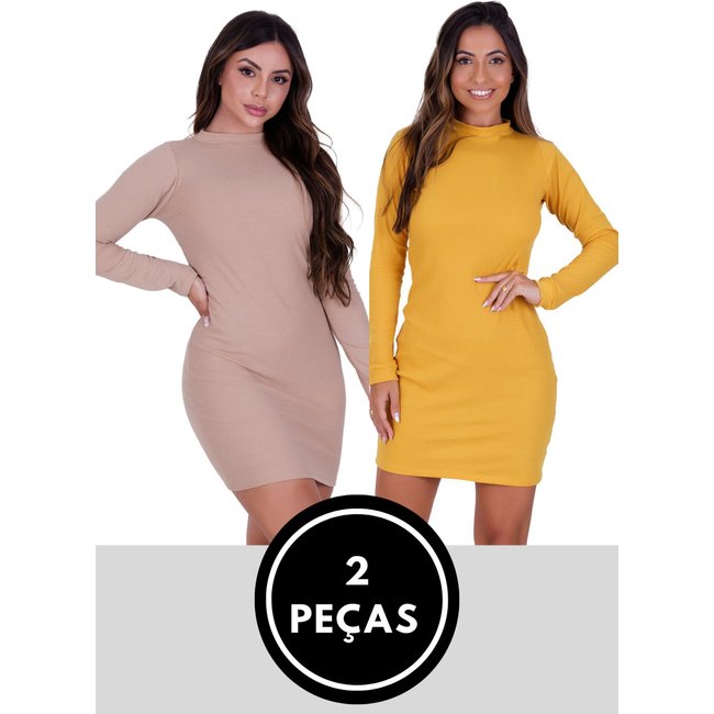 Kit 2 Peças Vestido Midi Malha Canelada Amarelo e Bege Manga Longa St Madame