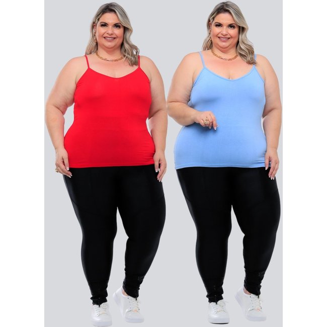 Kit 2 Peças Regata Plus Size Feminina Básica GARAIS MODA Alcinha Fina Leve estilo Casual moda Verão Blogueira Azul Vermelho