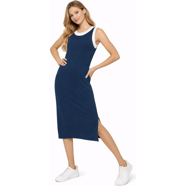 Vestido Viscolycra Maria Paes Midi Azul Marinho e Off White