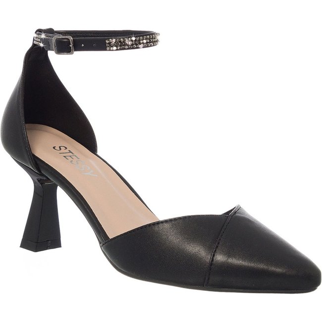 Scarpin Salome Sapato Bico Fino Salto Taça Strass Elegante Preto