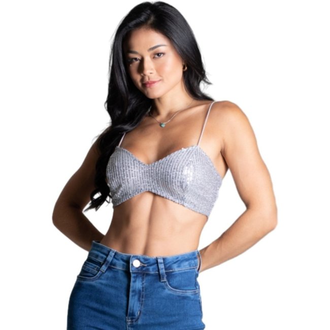 Top Paetê Sawary Fashion Decote Coração PRATEADO