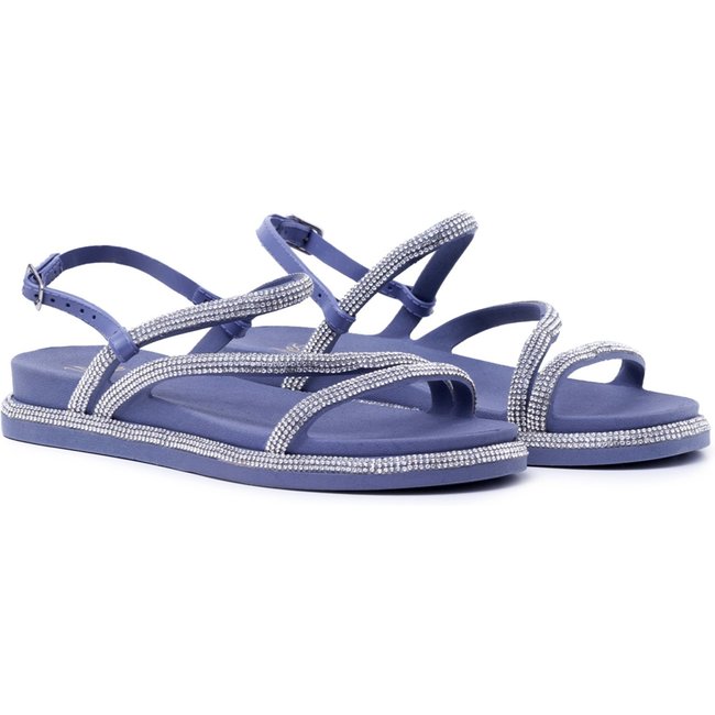 Sandália Rasteira Casual Nine4 Tiras Finas Strass Brilhante Azul