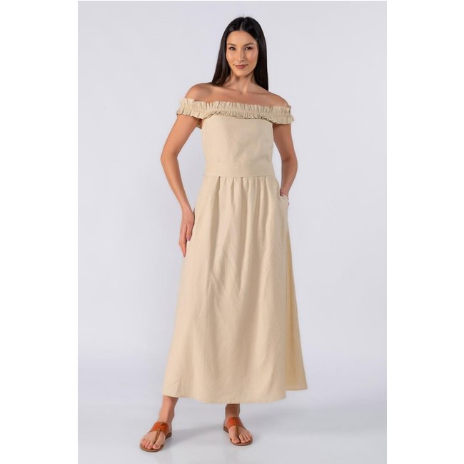 Vestido midi ombro a ombro Bege