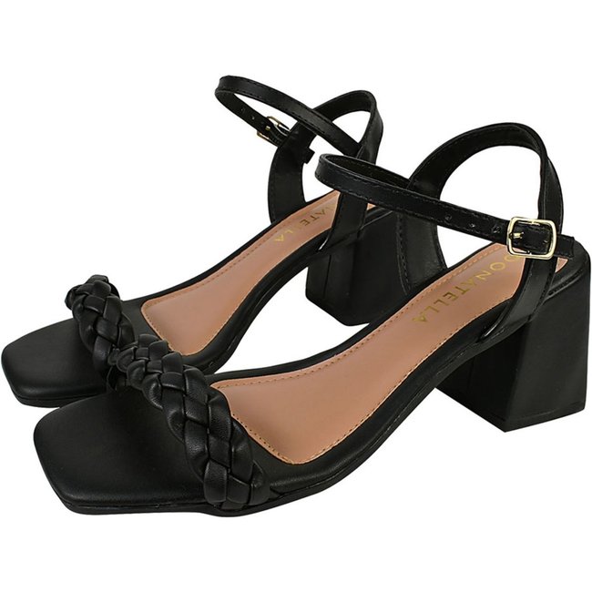 Sandália Feminina Salto Alto Donatella Shoes Bico Quadrado Casual Trança Confort Santorine Preto