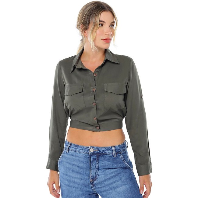 Jaqueta Cropped Leve Estilo Camisa Feminina Verde Militar