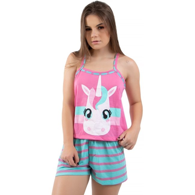 Baby Doll Estampado Estampa Unicórnio Pijama Curto Short e Regata Verão Com Tapa Olho 4 Estações Rosa