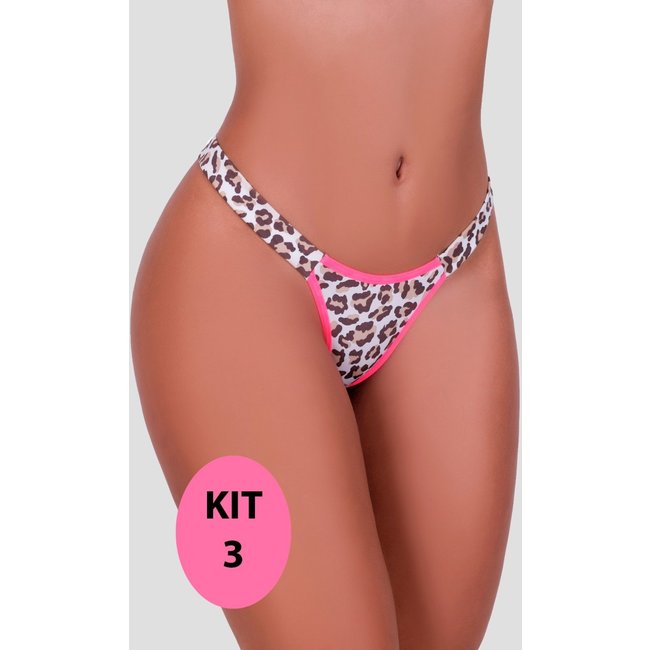 Kit 3 Calcinhas MdMix Oncinha Animal Print Fio Duplo Elástico Neon