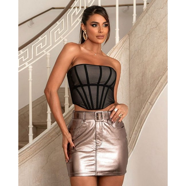 Mini Saia Material Sintético Feminina Cintura Média com Cinto 23426 Dark Beige Consciência
