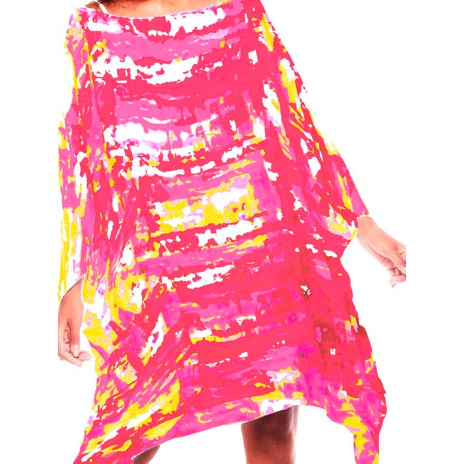 Vestido Kaftan Saída Curto Acetinado Estampado Manchado Vermelho Pink