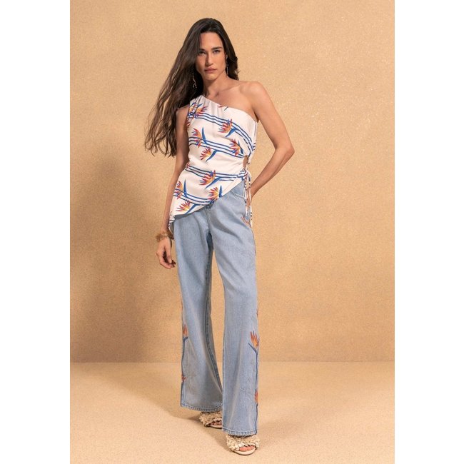 Blusa Alongada Um Ombro Só Com Recorte Lateral E Amarração