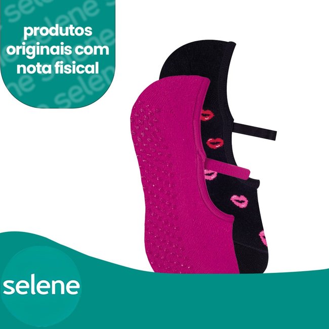 Kit Com 10 Meias Sapatilha Pilates Selene Antiderrapante Preto e Rosa
