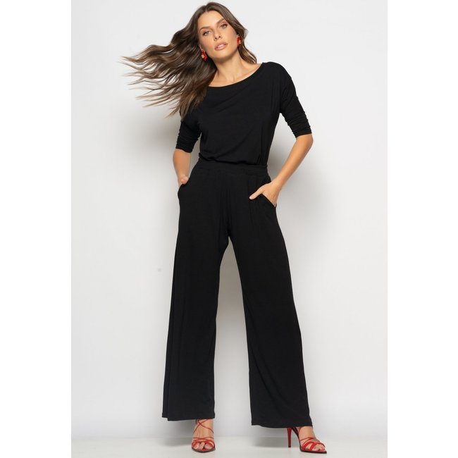 Conjunto Blusa Canoa 3/4 e Wide Leg Malha Salvatore Preto