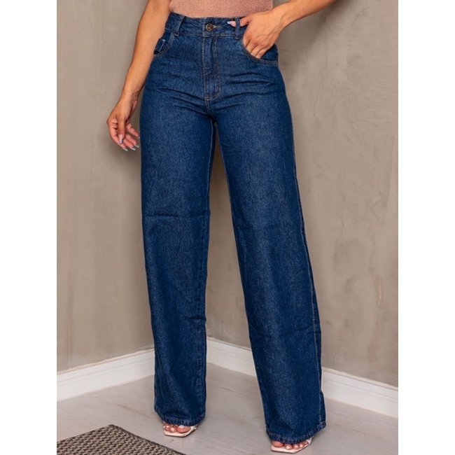 Calça Donna De Paula Wide Leg Jeans Escura Cintura Alta Pantalona