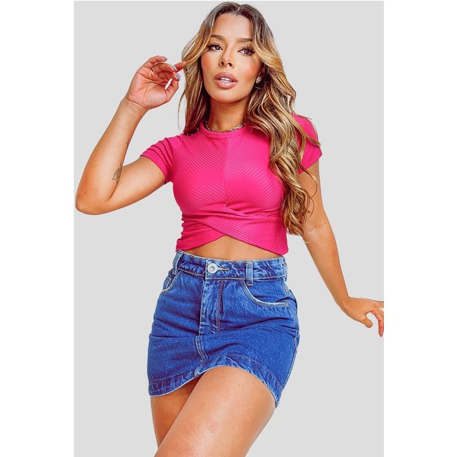 Top Cropped YWC ind Manga Curta Canelado Detalhe Transpassado Pink