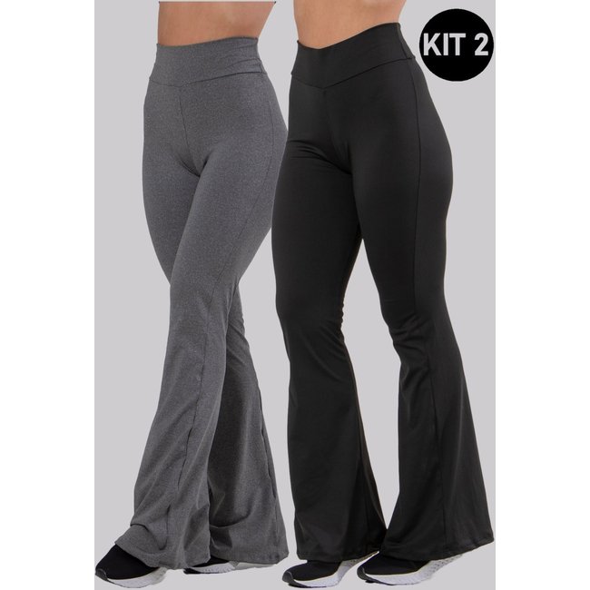 Kit 2 Calças Academia Flare Suplex Bailarina Boca de Sino 4 Estações Preto e Cinza