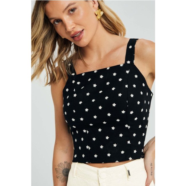 Top Cropped Feminino Linho Bordado Marialícia Preto