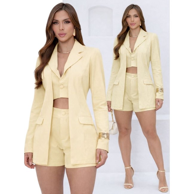 Conjunto Feminino Divina Gata Blazer Colete Duplo Shorts Curto Elegante Casual - AMARELO PINA