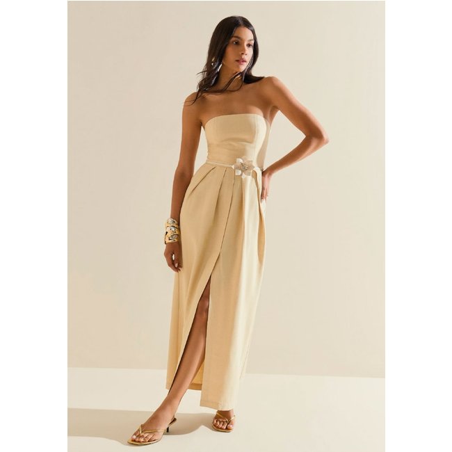 Vestido Morena Rosa Ajustado Decote Reto Com Alça Longo Amarelo