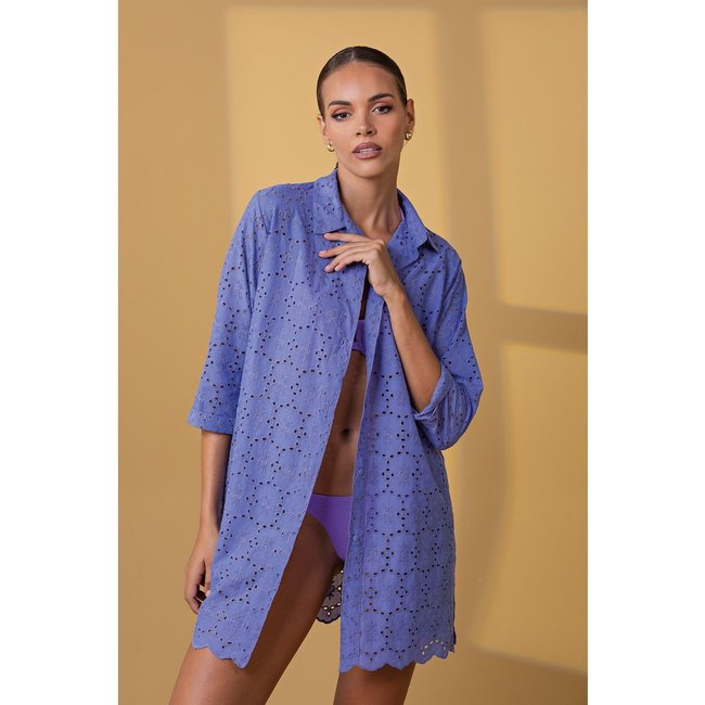 Camisa Feminina Alongada em Laise de Algodão Cor Lavanda